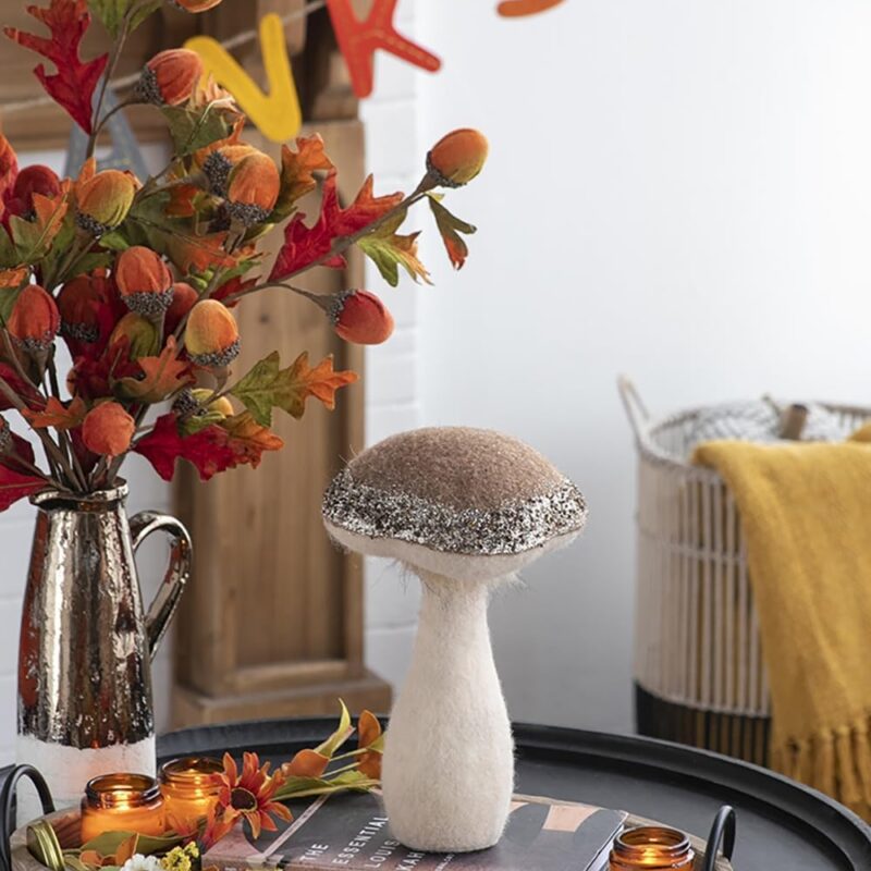 Set of 2 Light Brown Mushroom Holiday Ornaments, 7x7x12 Inches, for Fall and Thanksgiving Table Decorations