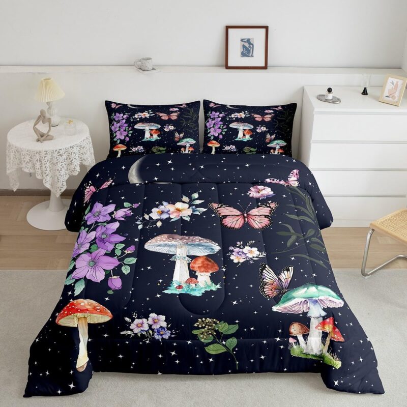 Boho Mushroom Plant Queen Size Comforter Set,Stars Moon Phase Galaxy Bedding Set with 2 Pillowcases,Purple Flowers Butterfly Breathable Durable Inner Fill Polyester Bedspread