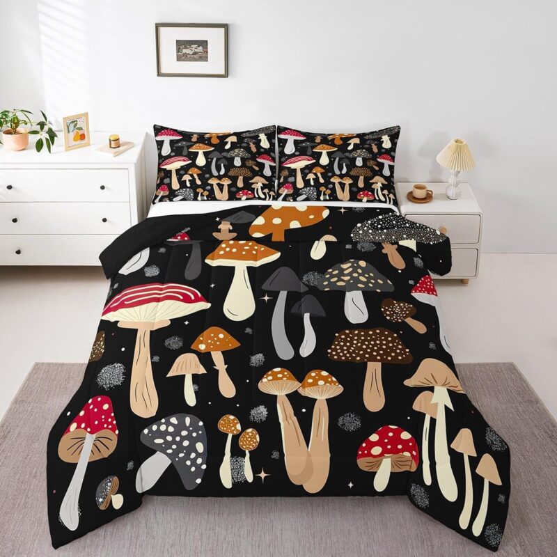 jejeloiu Boys Girls Cute Mushroom Decor Comforter Set Twin Size, Cartoon Mushrooms Duvet Insert Kawaii Fungus Bedding Set Kids Teens Bedroom Decor Bed Set 2Pcs