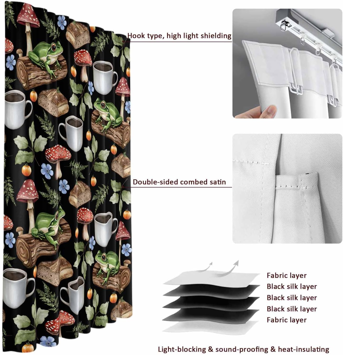 71By2sRTCL._AC_SL1500_.jpg Blackout Curtains for Bedroom/Living Room, Frog Mushroom 70 Inch Thermal Black Out Curtains 2 Panels with 16 Hooks, Red Brown Coffee Plant Black Idyllic Room Darkening Curtain, 78"W x 70"L - Image 6