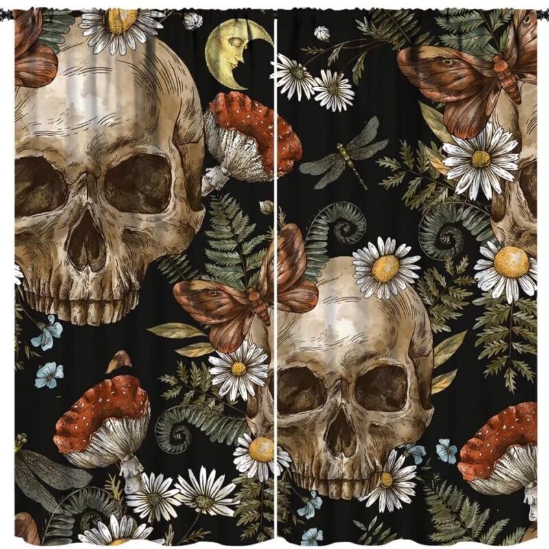 Sugar Skull Curtains, Mushroom Floral Gothic Halloween Kids Drapes Goth Skeleton Spooky Butterfly Daisy Vintage Print Window Treatments for Living Room Bedroom 63x63in