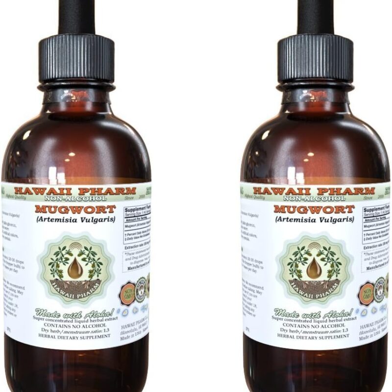 Mugwort Alcohol-Free Liquid Extract, Organic Mugwort (Artemisia vulgaris) Dried Flower Glycerite Natural Herbal Supplement, Hawaii Pharm, USA 2x4 oz