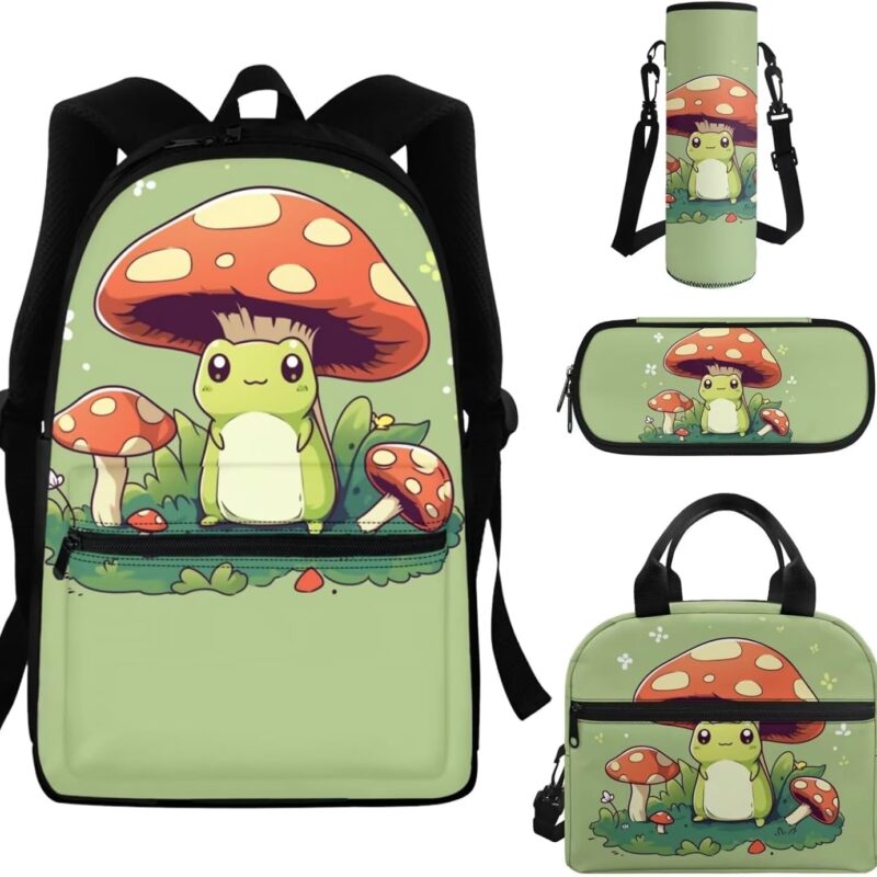 Mushroom Backpack for Girls with Lunch Box 5-7/7-9 Frog Bookbag Lunch Bag Pencil Pen Case Back Pack Lunchbag Water Bottle Carrier Bag