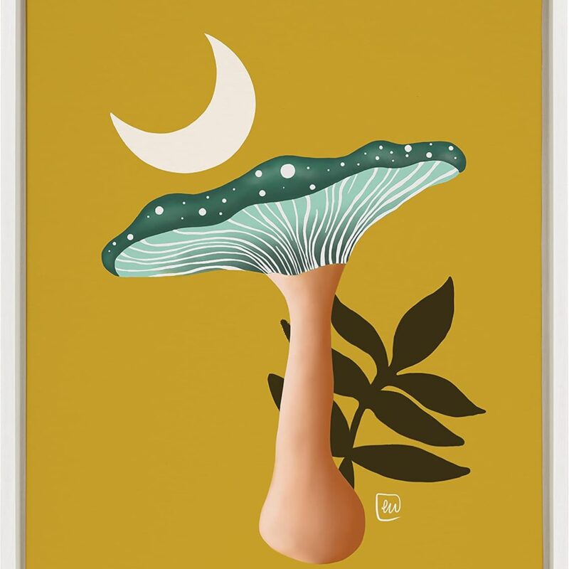Kate and Laurel Sylvie Wintertide Moonrise Framed Canvas Wall Art by Erika Wynn, 18x24 White, Decorative Mushroom Art for Wall