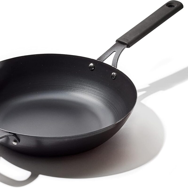 OXO Obsidian Pre-Seasoned Carbon Steel, 12" Wok Pan with Removable Silicone Handle Holder, Induction, Oven Safe, Black