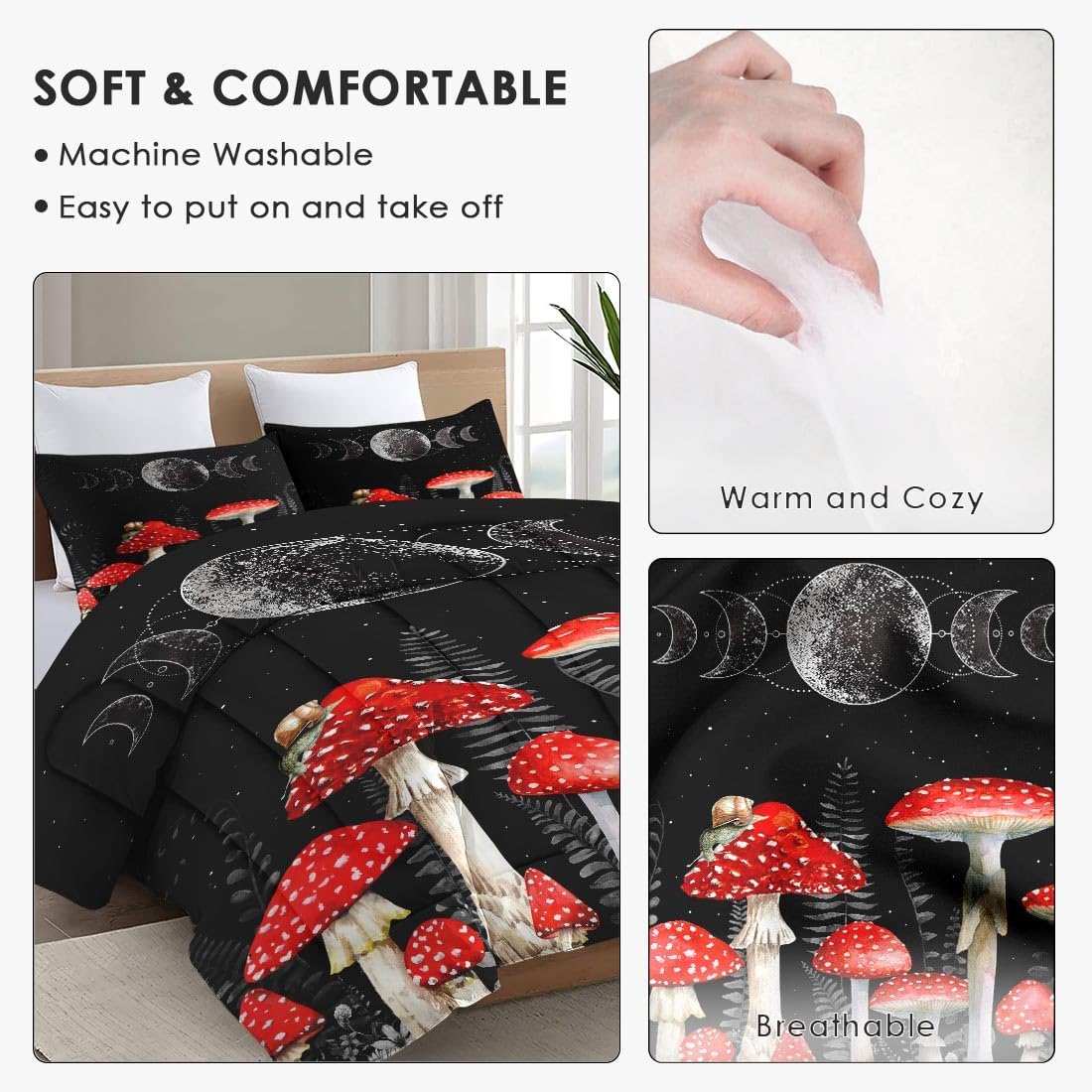 71CxLJj4L._AC_SL1100_.jpg Queen Size Comforter Set with 2 Pillowcases, Mushroom Wildflower Dandelion 3 Pcs Bedding for Kids and Adults, Flower Summer Moon Phases Soft Comforter Set for Bedroom Bed Decor - Image 5