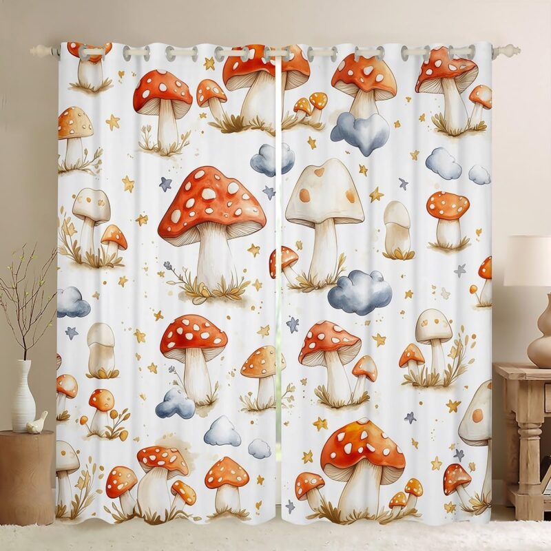Erosebridal Mushroom Blackout Curtains 52"X63" Cartoon Mushrooms Tree Curtains Jungle Botanical Window Curtains Cute Stars Cloud Print Darkening Curtains Wild Plants Curtains for Kids Boys Girls