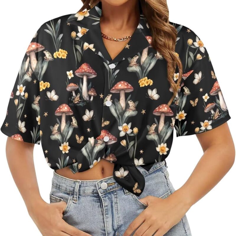 Women's Hawaiian Shirt Tropical Floral Print Short Sleeve Button-Up Shirt for Summer Beach Vacation Size 2XS-5XL