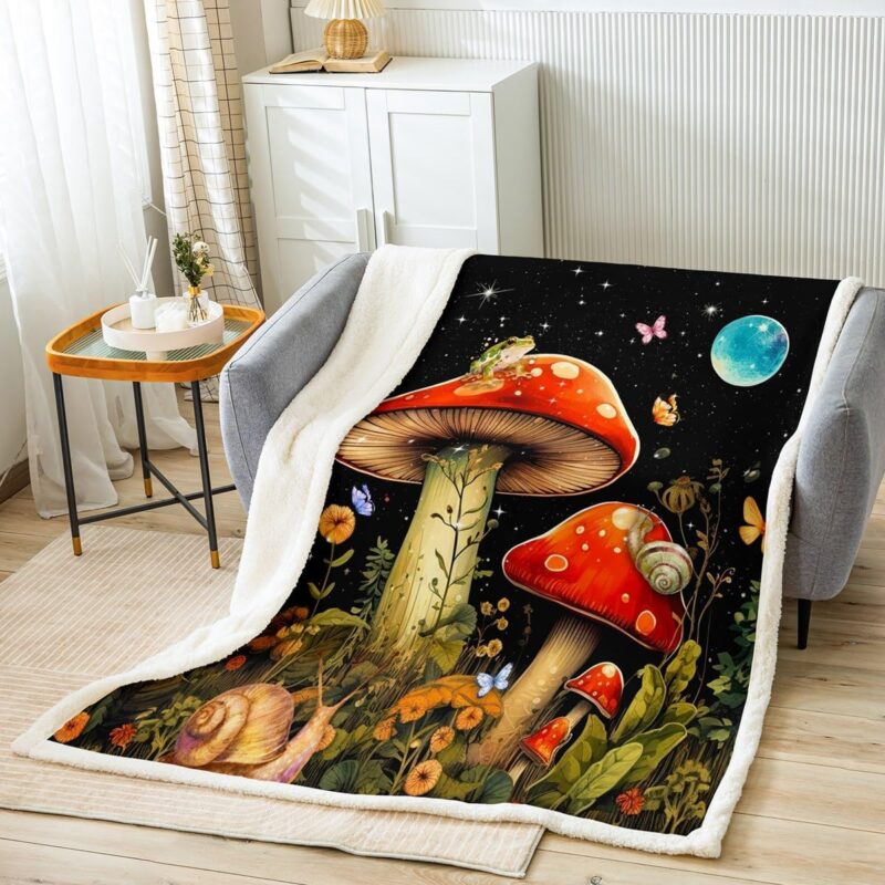 Feelyou Kids Red Mushroom Fleece Throw Blanket, Cartoon Mushroom Frog Plush Blanket for Kids Boys Girls Natural Wild Fungus Sherpa Blanket Colorful Butterfly Fuzzy Blanket Queen 90"x90"