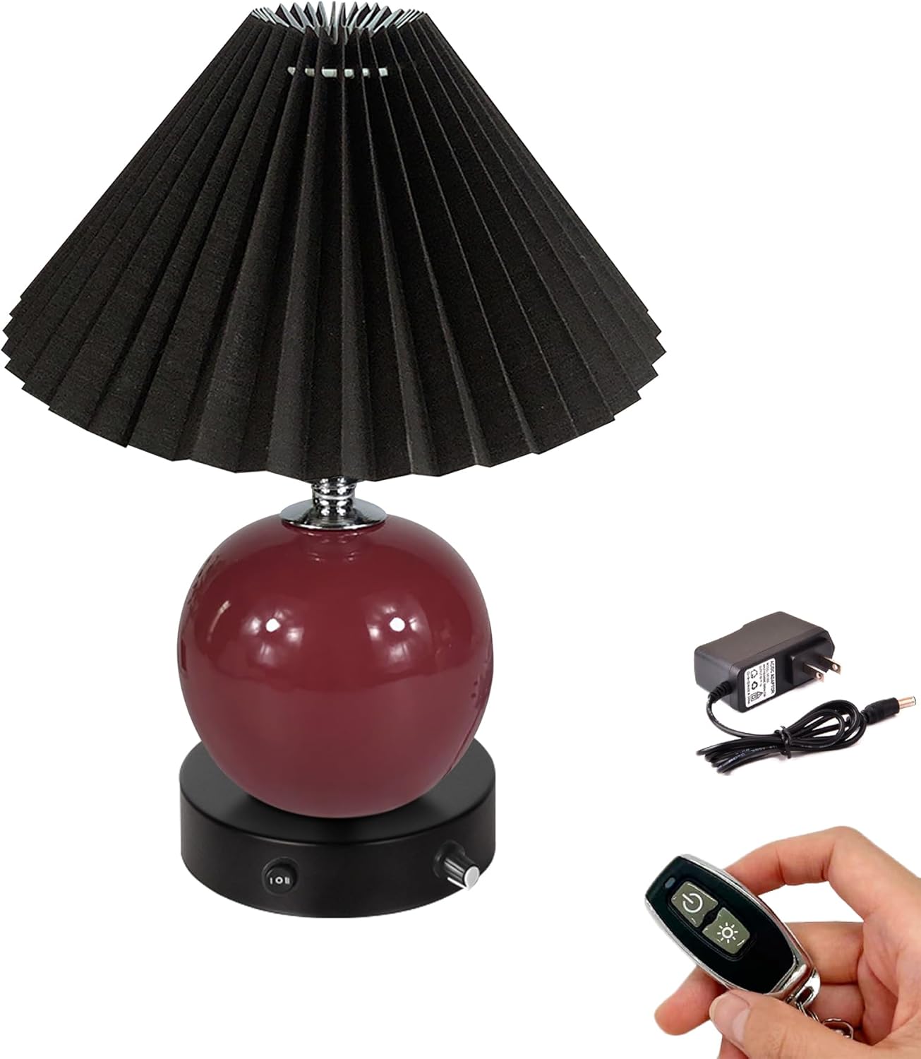 71E3y5hSWlL._AC_SL1500_.jpg Maroon Hand-Made Clay Pot Table Lamp Cordless Battery Operated by Remote Control, Dimmable Wireless Mushroom Black Classic Pleated Lampshade for Bedroom, Console, End Table