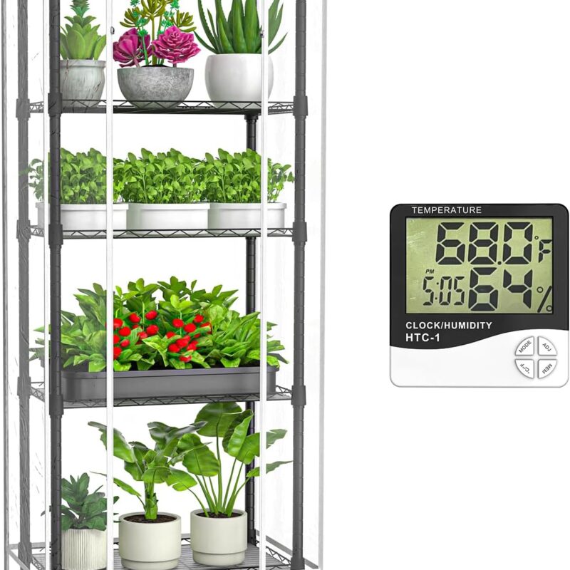 Mini 5-Tier Greenhouse for Indoor Outdoor, 23.2" L×13.4" W×61.4" H Portable Greenhouse with Clear PVC Cover and Metal Shelf for Growing Vegetables, Flowers and Seedlings, with Wheels