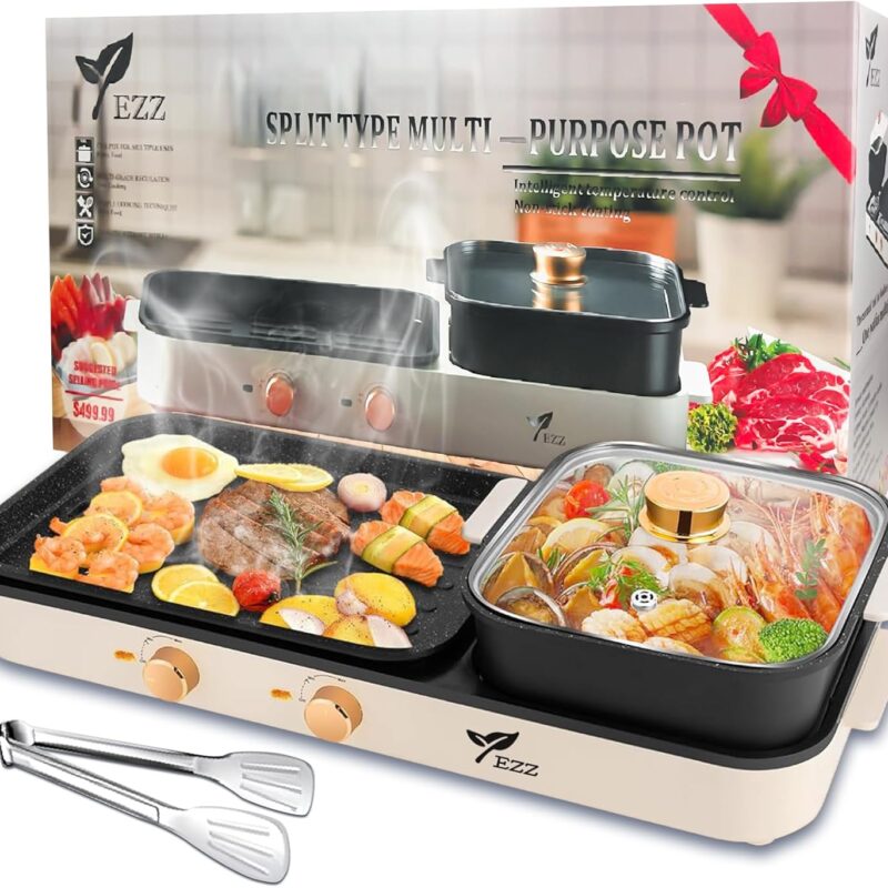 Electric Hot Pot with Grill,2-10 People Indoor Hot Pot 2 in 1 Multi-function Smokeless Shabu-Shabu Hotpot Korean BBQ Grill for Simmer,Separate Dual Temperature Contral (BEIGE pot)