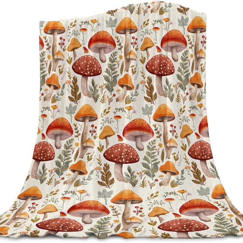 Mushroom Throw Blanket Fleech Blanket Retro Floral Fall Flower Thanksgiving Soft Fuzzy Blanket Microfiber Cozy Warm Blankets for Sofa Couch Bed Lightweight Cover Living Room Bedroom Decor 49x59 Inch
