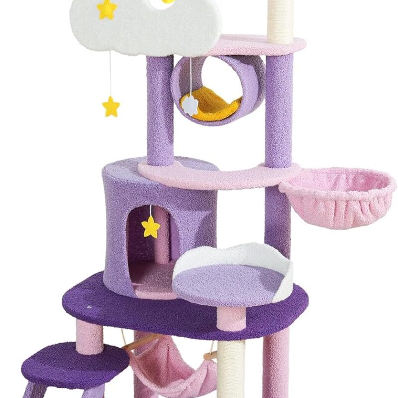 Lucky Monet Cute Cat Tower 65 Inches, Unique Cat Tree Large Tall for Indoor Cats, Purple Pink Cloud Big Cat Tree Cat Castle Mansion Condo for Large Cats Activity Trees with Scratching Post Hammock