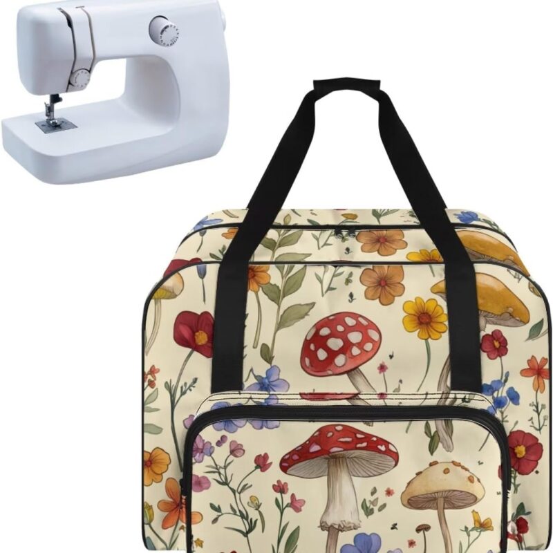 Mushroom Sewing Machine Bag Anti Fingerprint Lightweight Sewing Machine Cover Dust Cover with Zipper Pocket Easy to Organizer Scissors, Knitting Wool, Cufflinks, Ruler