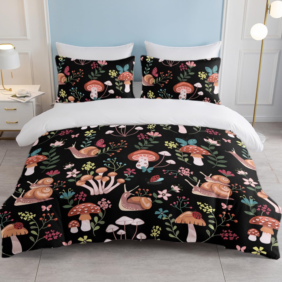 71FARK43gxL._AC_SL1200_.jpg SOULZZZ Floral Mushrooms Printed Girls Duvet Cover Set King Brown Snail Mushroom Bedding Set Red Pink Flower with Green Leaf Mushroom Decor Bed Set 1 Duvet Cover and 2 Pillowcases - Image 9