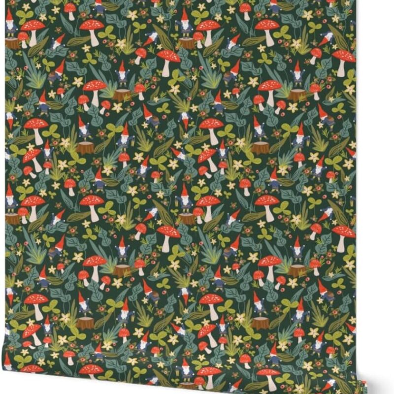 Peel & Stick Wallpaper 12ft x 2ft - Woodland Gnomes Gnome Garden Mushroom Mushrooms Custom Removable Wallpaper by Spoonflower