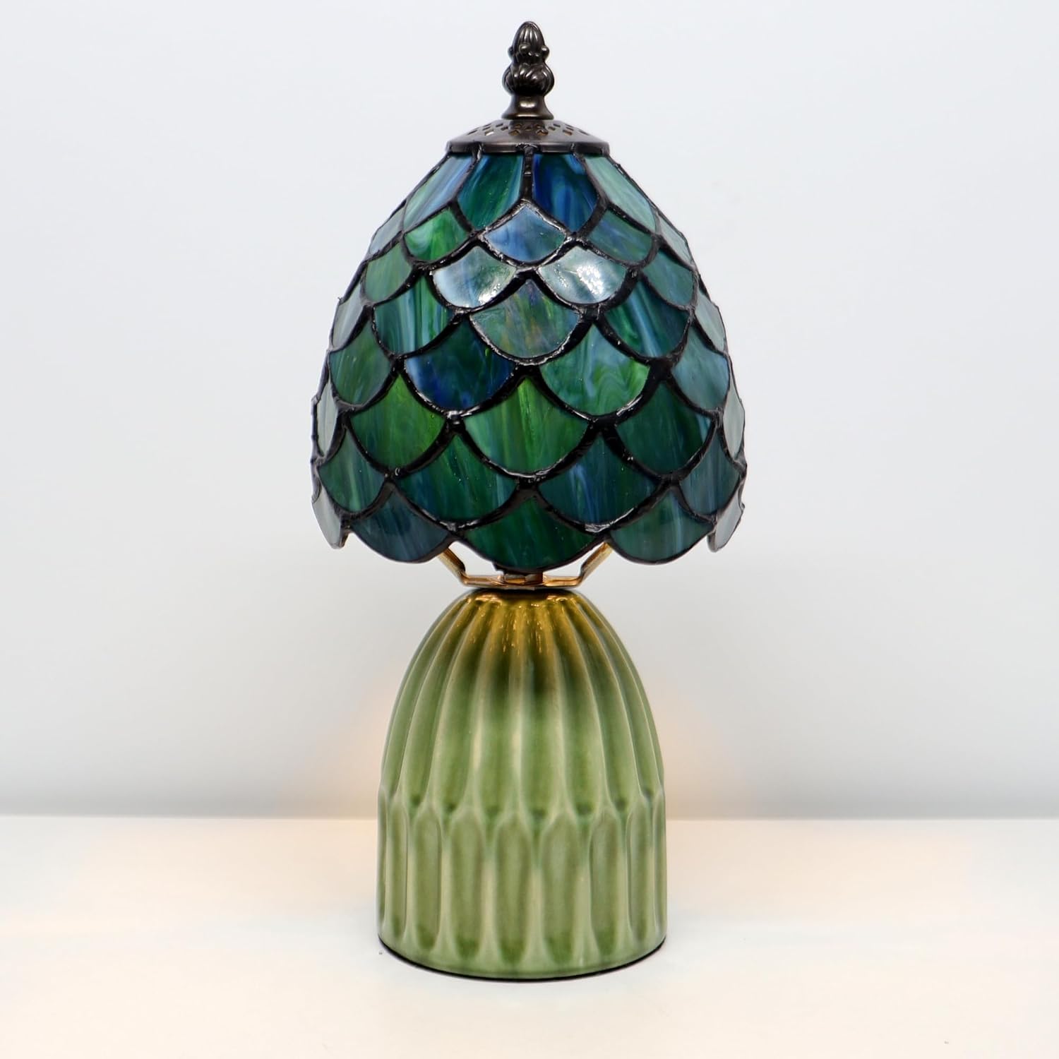 71Feeq7J2QL._AC_SL1500_.jpg Small Tiffany Mushroom Table Lamp Stained Glass Desk Lamp Ceramic Base Antique Accent Lamp 6X6X12.5 Inch(Sea Blue Fish Scale) - Image 3