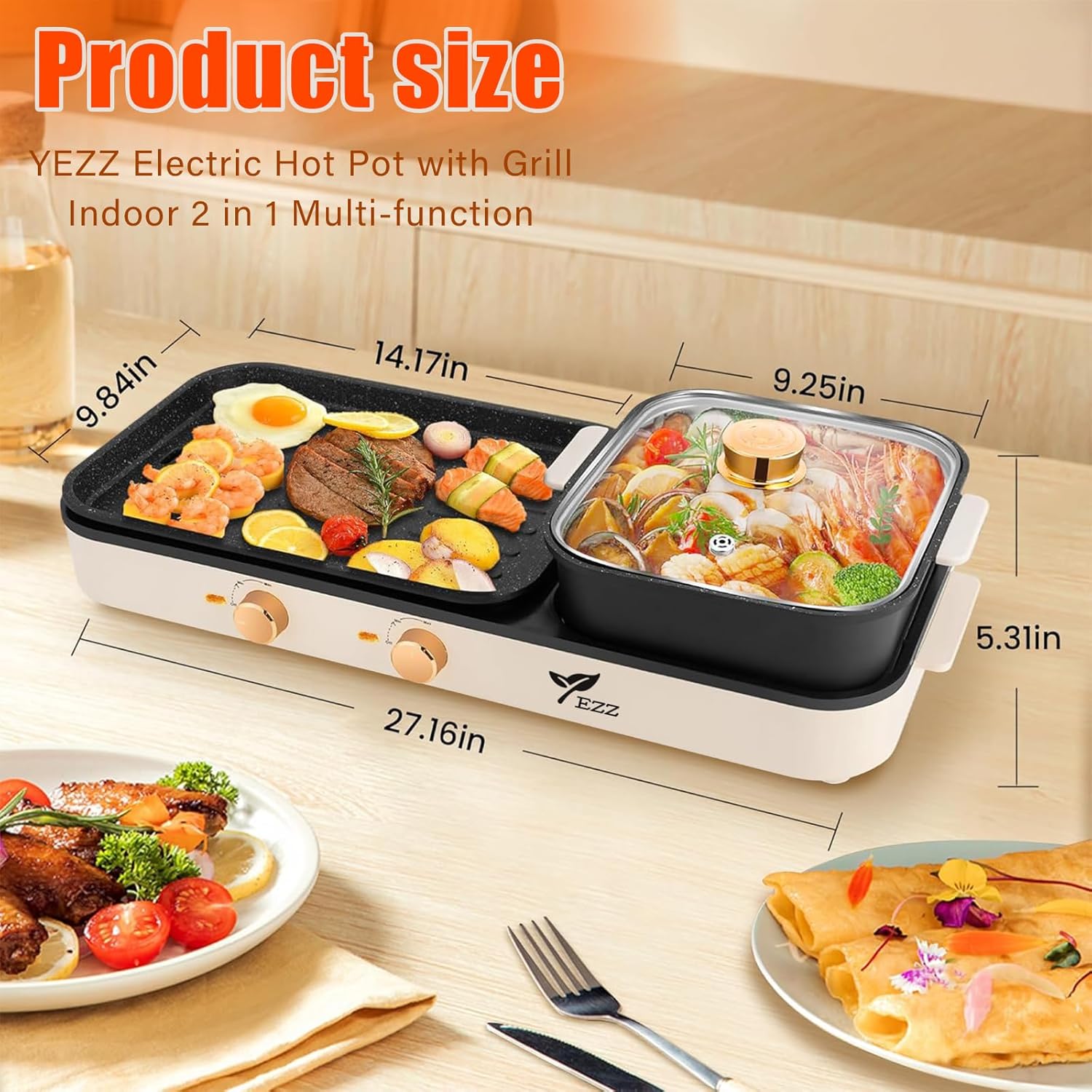 71FfJehEtAL._AC_SL1500_.jpg Electric Hot Pot with Grill,2-10 People Indoor Hot Pot 2 in 1 Multi-function Smokeless Shabu-Shabu Hotpot Korean BBQ Grill for Simmer,Separate Dual Temperature Contral (BEIGE pot) - Image 2