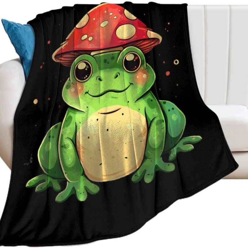 Cute Frog with Mushroom Hat Soft Throw Blanket Flannel Warm Lightweight Cozy Plush Blanket for Couch Sofa Bedroom Travel