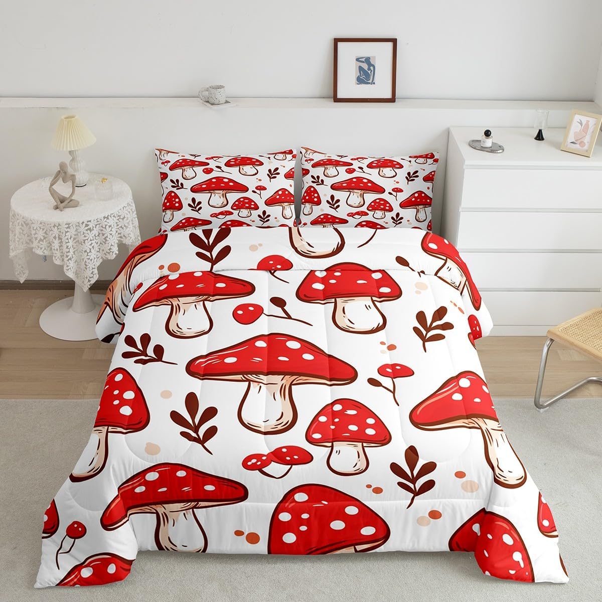 71G14OX2QL._AC_SL1200_.jpg Cute Mushroom Comforter Cartoon Mushrooms Bedding Set for Kids Boys Girls Teens Decor Kawaii Fungus Red White Comforter Set Wild Mushroom Stuff Duvet Set Room Decor Quilt Set Full Size - Image 2