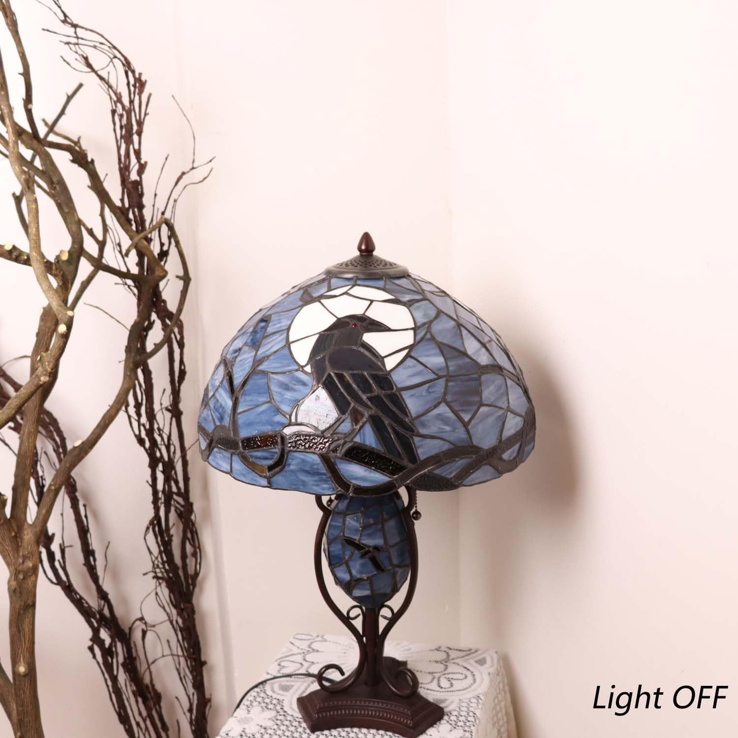 71GTVRWAkrL._AC_SL1500_.jpg Bieye L10954 Raven Sitting on Bare Tree Branch in Full Moon Night Tiffany Style Stained Glass Table Lamp for Home Decor (Dark Blue, 16Wx24H) - Image 2