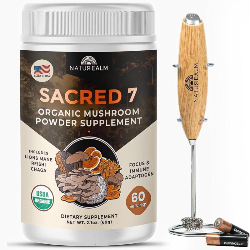 Naturealm Complete Mushroom Coffee Bundle – Sacred 7 Booster 60 Serving + Handheld Frother | Organic Adaptogen | Focus, Energy & Smooth Mixing