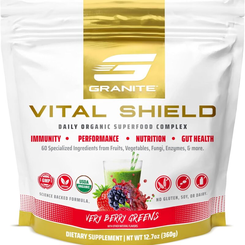 Granite Nutrition Vital Shield - USDA Organic Superfood Greens with Mushrooms & Tart Cherry for Energy, Immunity & Gut Health - Very Berry (30 Servings)