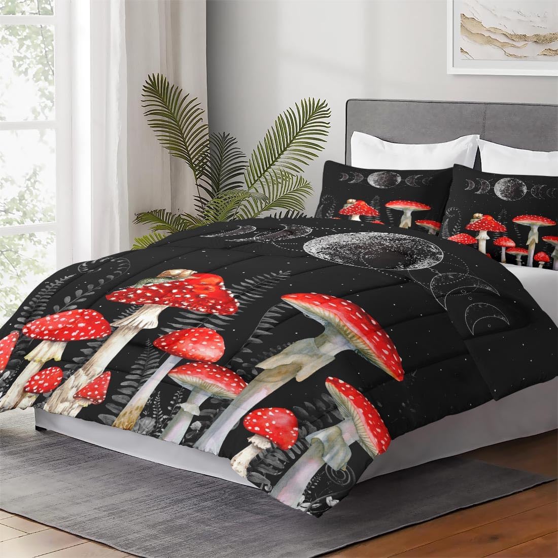 71GhxkVlB4L._AC_SL1100_.jpg Queen Size Comforter Set with 2 Pillowcases, Mushroom Wildflower Dandelion 3 Pcs Bedding for Kids and Adults, Flower Summer Moon Phases Soft Comforter Set for Bedroom Bed Decor - Image 4