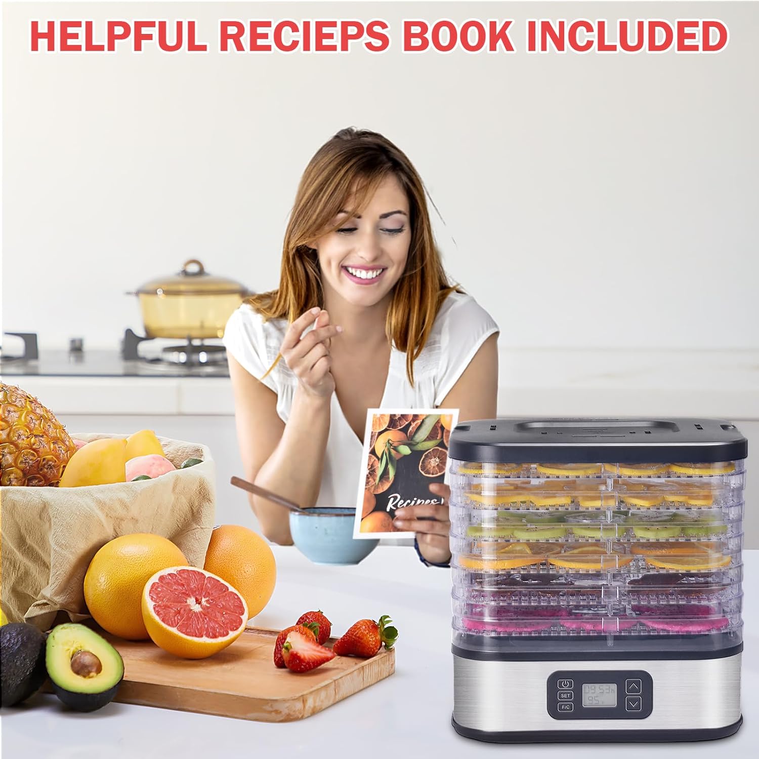 71GlrejtQ3L._AC_SL1500_.jpg HOPERAN Food Dehydrator, 6 Trays Dehydrator with 72H Timer & 95-167℉ Temperature Control & LED Display, Dehydrators for Food and Jerky, Fruits, Herb, Veggies, Pet Treat, BPA-Free, Recipe Book Included - Image 6