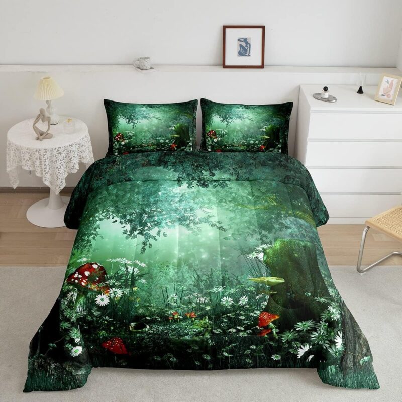 Erosebridal Magical Comforter Set Queen, Mushroom Bedding Set for Girls Women Kids Teens, Daisy Leaves Branches Sunset Nature Duvet Insert, Cute Style Soft Warm Quilted Duvet Bedroom Decor, Green