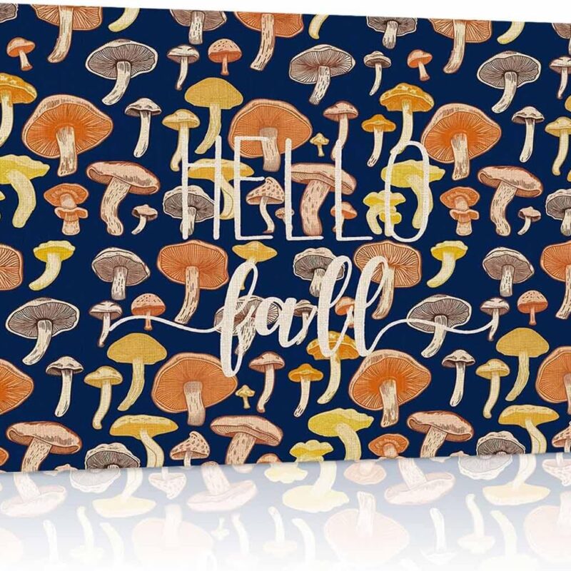 Canvas Wall Art for Living Room Bedroom Hello Fall Thanksgiving Orange Yellow Mushroom Navy Blue Wall Paintings Framed Prints Pictures Home Decorations, Ready to Hang, 20"x24"