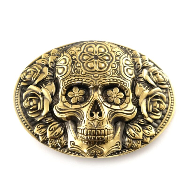 Skull El Día de Muertos belt buckle, Santa Muerte, The Day of the Dead skull solid brass belt buckle