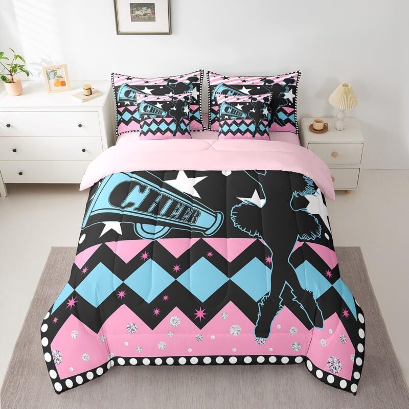 Erosebridal Cheerleading Bedding Set Blue Pink Black Cheer Twin Comforter Set 7 Piece for Kids Girls Teen Women Diamond Cheerleader Bed in A Bag with Sheets Geometric Stripes Stars Bed Set