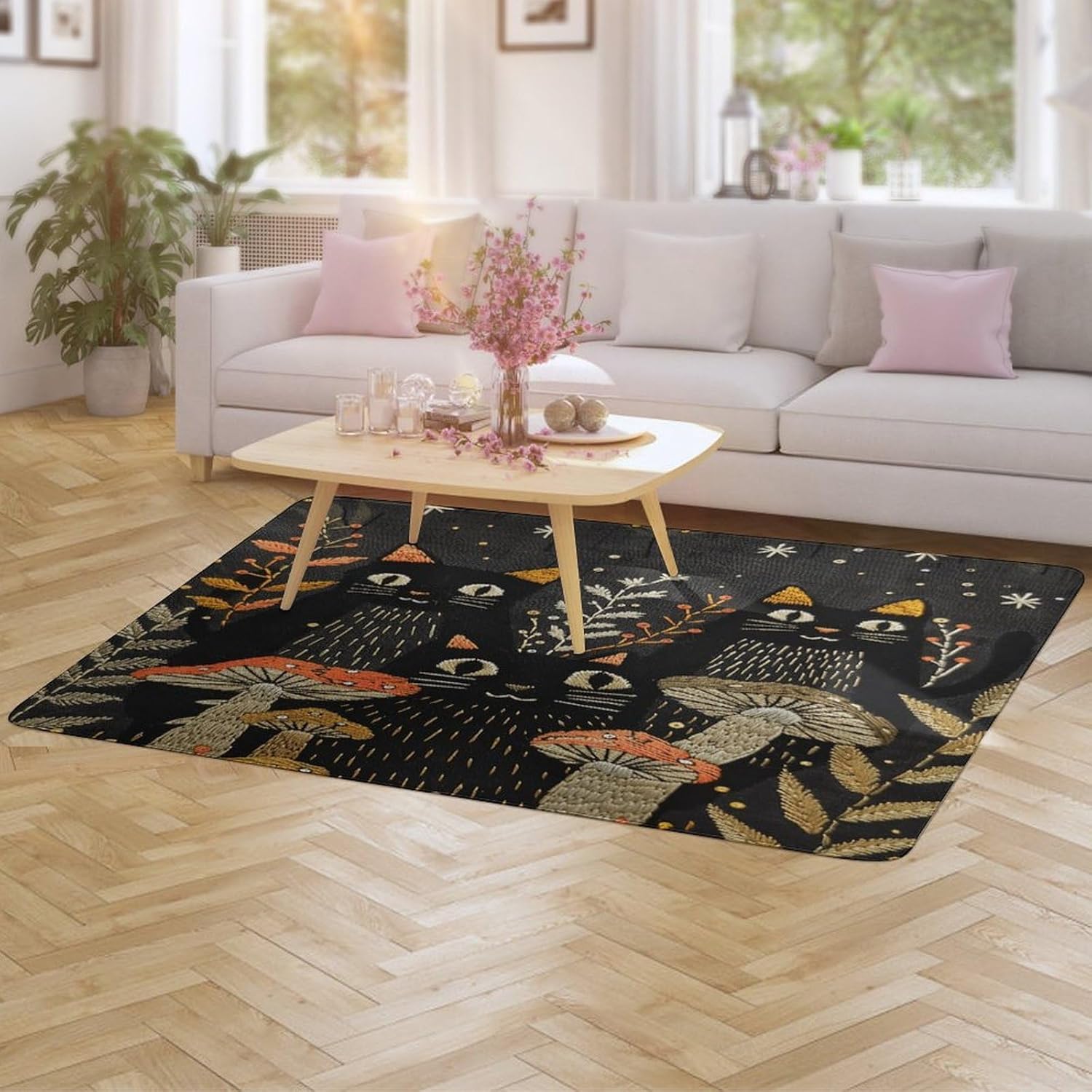 71HuIgtW0KL._AC_SL1500_.jpg Cats and Mushrooms Soft Throw Rug for Living Room Non Slip Washable Floor Mat Floral Boho Rug - Image 5