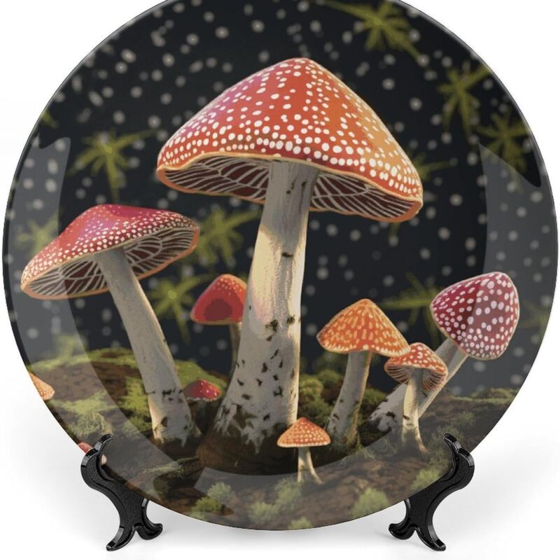 Mushroom Printed Pattern Ceramic Plate Dinner Plates Bone China Decorative Plates with Display Stand Art Ceramic Ornaments for Wall Hanging Decoration 10inch