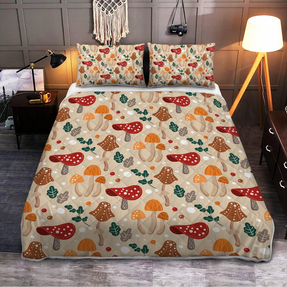 71IlKjOjFEL._AC_SL1200_.jpg SOULZZZ Cute Mushroom Quilt Set for Girls Forest Green Leaf and Yellow Mushroom Queen Bedspread Fairycore Accessories Super Soft Plush Bedding for Kids Teens