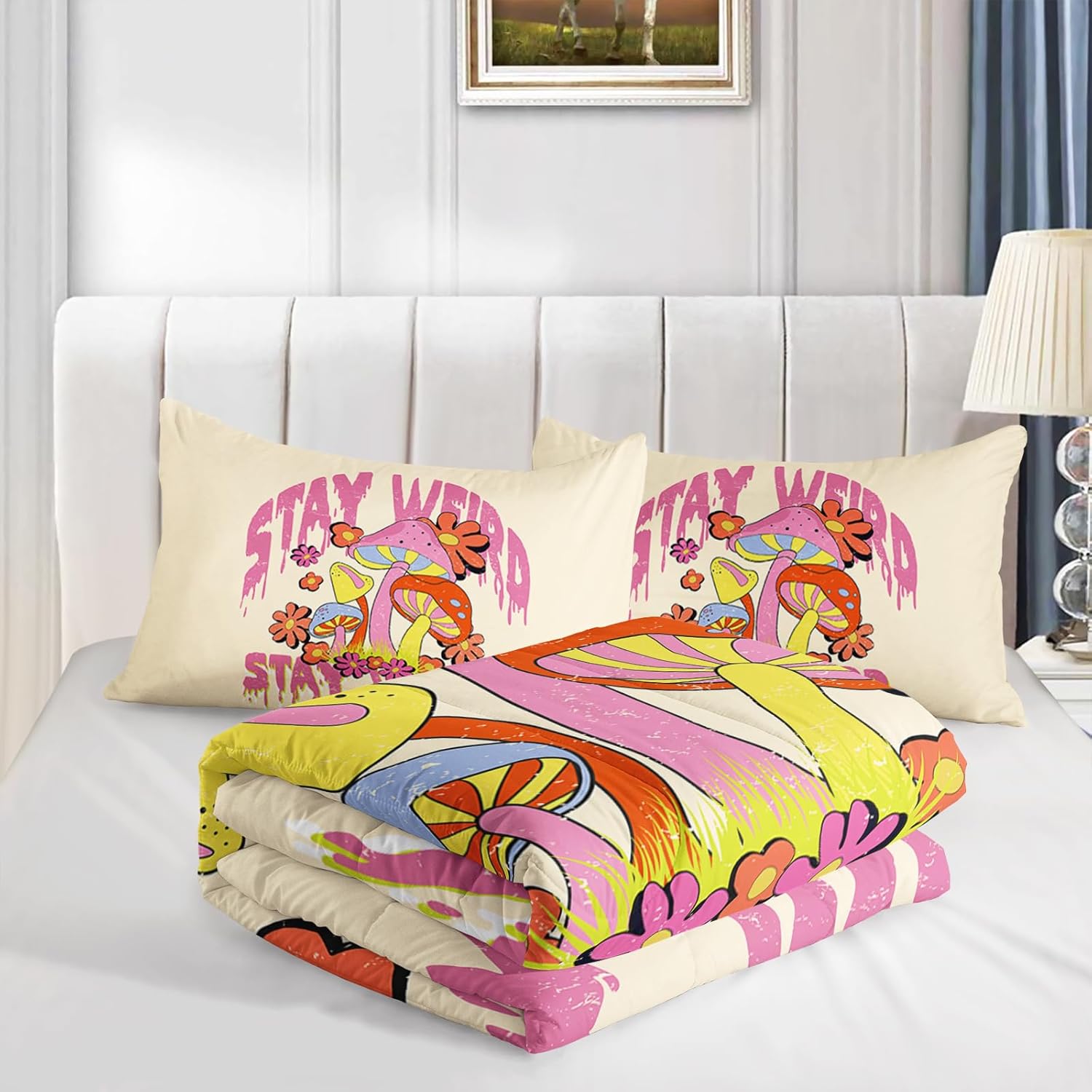 71JAIReCg4L._AC_SL1500_.jpg Axolotl Cartoon Mushroom Comforter Set Queen,Colorful Mushrooms Bedding Girls Bedding Set,Floral Comforter Set Red Pink Flower,Cute Mushroom Bedding Set For Kids Boys Girls Teens,1 Quilt 2 Pillowcases - Image 5