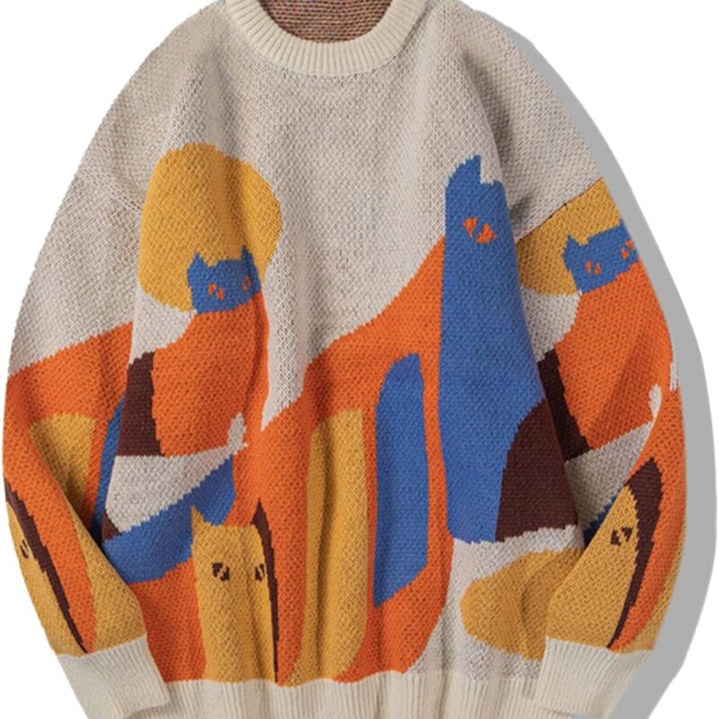 Aelfric Eden Graphic Sweaters Color Blocking Cat Sweater Vintage Oversized Crewneck Knit Pullover Christmas Tops