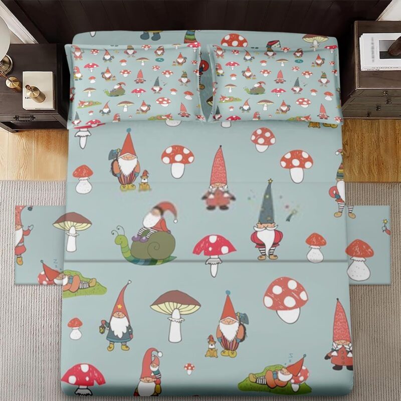 4 Pcs Fitted Sheet Set Queen Size with Deep Pocket, Gnome Funny Mushroom Bedding Set with Pillowcase for Kids and Adults, Happy Red Colorful Flat Bed Sheet Set