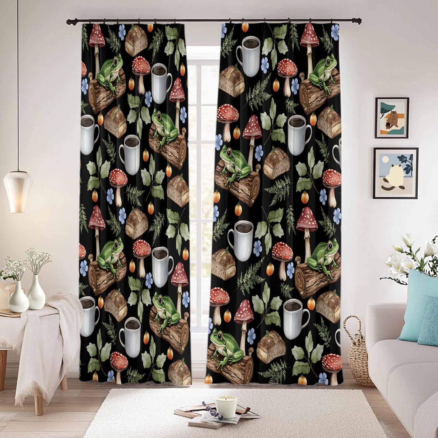 71JloWNOnHL._AC_SL1500_.jpg Blackout Curtains for Bedroom/Living Room, Frog Mushroom 70 Inch Thermal Black Out Curtains 2 Panels with 16 Hooks, Red Brown Coffee Plant Black Idyllic Room Darkening Curtain, 78"W x 70"L - Image 3