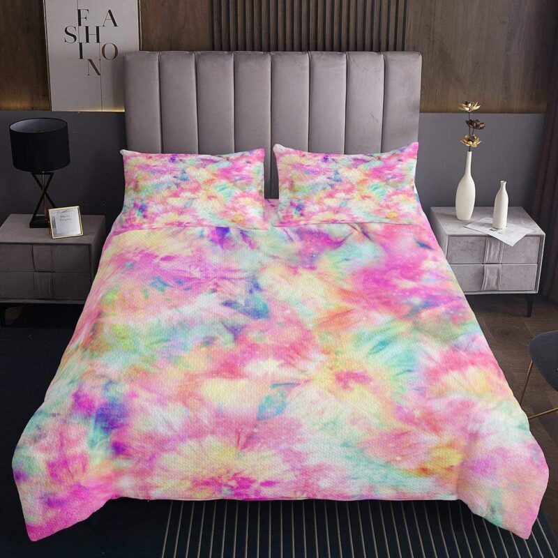 Erosebridal Kids Tie Dye Quilted Coverlet Queen Size, Bohemian Psychedelic Bedspread, Boho Gypsy Trippy Tattoo Coverlet Set for Boys Girls Children Teens, Pink Exotic Batik Bed Cover for Living Room