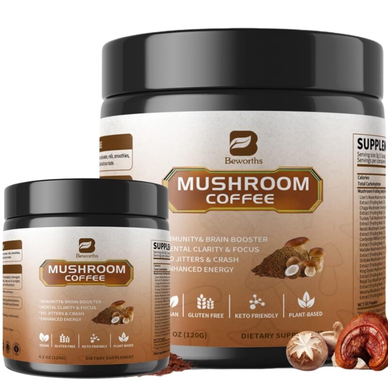 B BEWORTHS 2Pack Mushroom Coffee Powder with MCT Oil - 10 Mushroom Lion's Mane, Turkey Tail, Reishi, Cordyceps & Chaga - Instant Arabica Mushroom Coffee for Focus, Immune, Gut & Brain Health | Keto