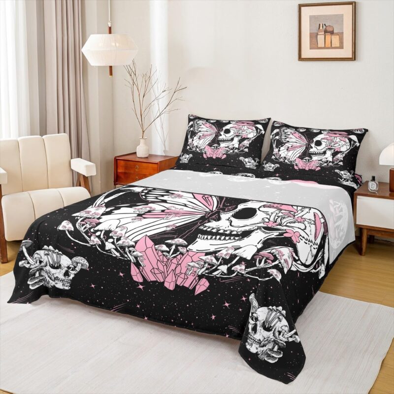 Butterfly Skull Sheet Set Queen Size Pink Mushroom Fitted Sheet Gothic Starry Galaxy Moon Bedding Set 4pcs for Kids Teens Girls Boys Bedroom Decor Trippy Plants Top Flat Sheet,2 Pillowcases