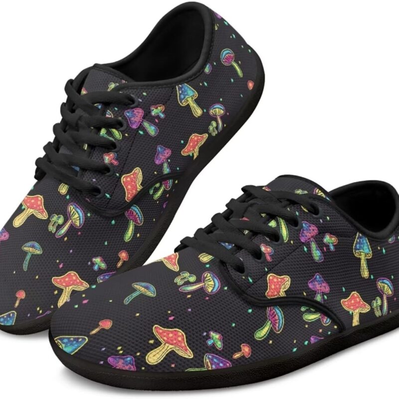 Howilath Mushroom Print Lace up Barefoot Shoes Lightweight Casual Sport Shoes Running Shoes