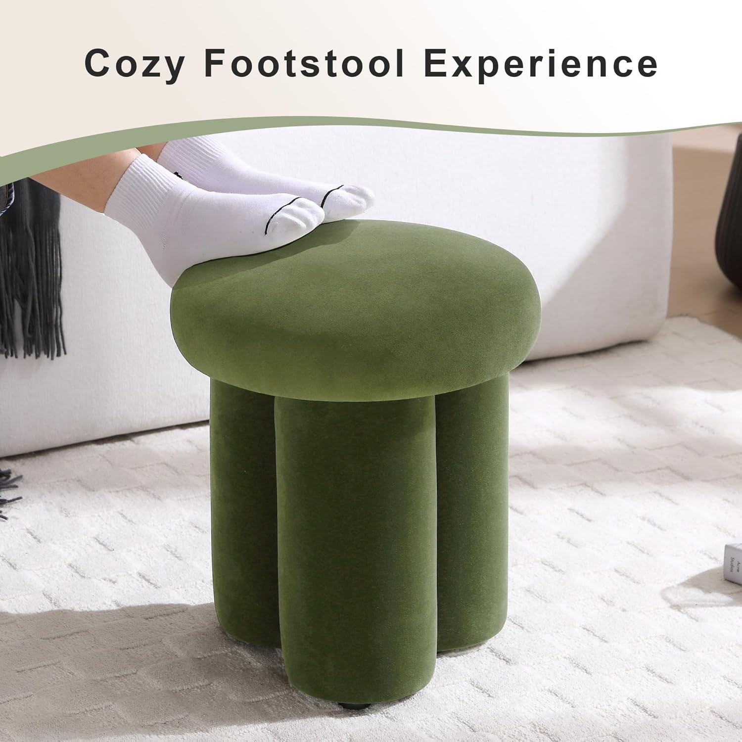 71LKt3t-nUL._AC_SL1500_.jpg Modern Mushroom Ottoman Stool, Velvet Small Ottoman with Round Padded Seat, Cute Makeup Vanity Stool for Bedroom/Living Room/Hallway, Green - Image 5
