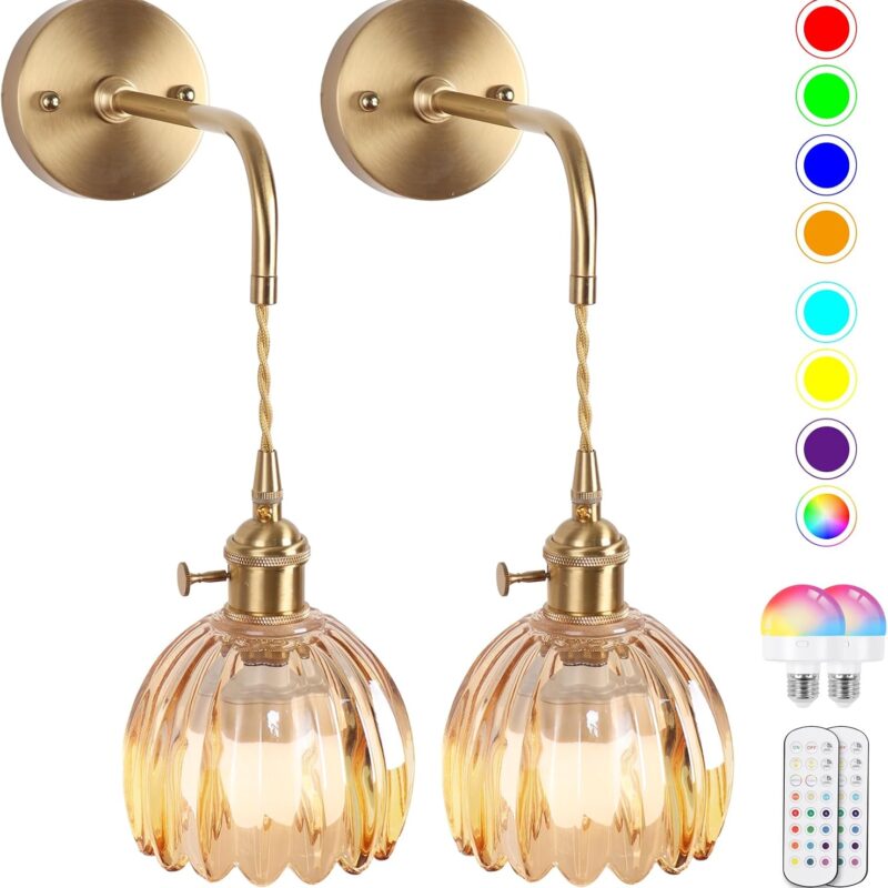 Vintage Battery Operated Wall Sconces Sets Of Two,Indoor not Hardwired Amber Tulip Glass Lampshade Fixtures,Rechargeable Wireless RGB Wall Lights with Dimmable Remote Control,for Bedroom Living Room