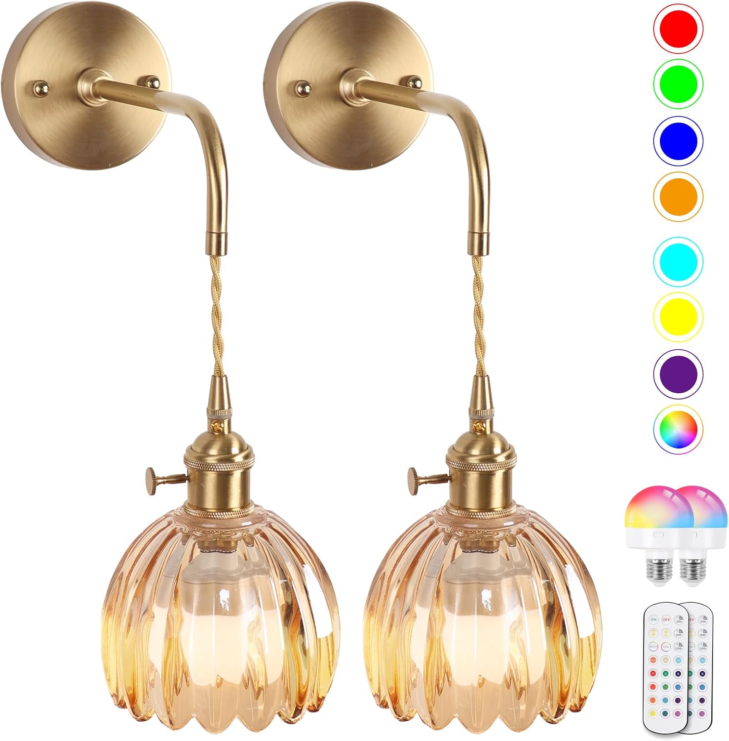 71LZPzgSVbL._AC_SL1500_.jpg Vintage Battery Operated Wall Sconces Sets Of Two,Indoor not Hardwired Amber Tulip Glass Lampshade Fixtures,Rechargeable Wireless RGB Wall Lights with Dimmable Remote Control,for Bedroom Living Room