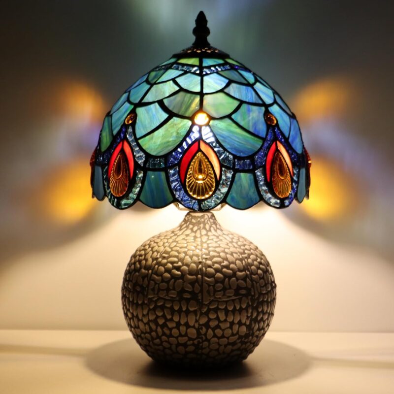 Small Tiffany Mushroom Table Lamp Stained Glass Desk Lamps Ceramic Base Antique Light 8X8X13.5 Inch (Sea Blue Peacock Tail)