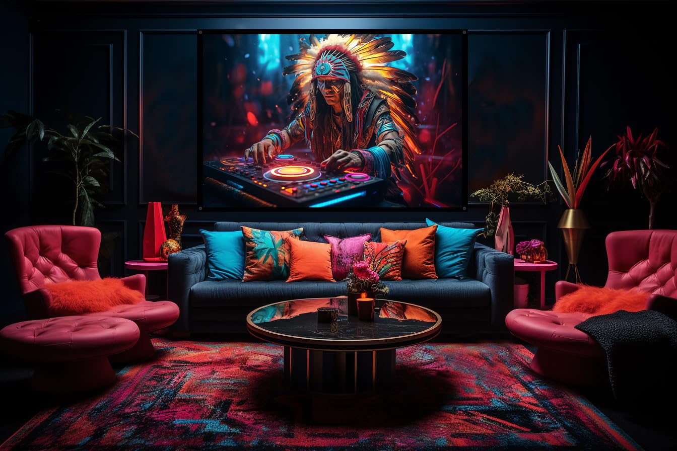 71MBYb4B5DL._SL1344_.jpg Cyberpunk Shaman DJ, UV tapestry, Blacklight Reactive Wall Hanging, Neon Backdrop, Party Decor, Psychedelic Tapestry, Visionary Wall Art (Medium) - Image 2
